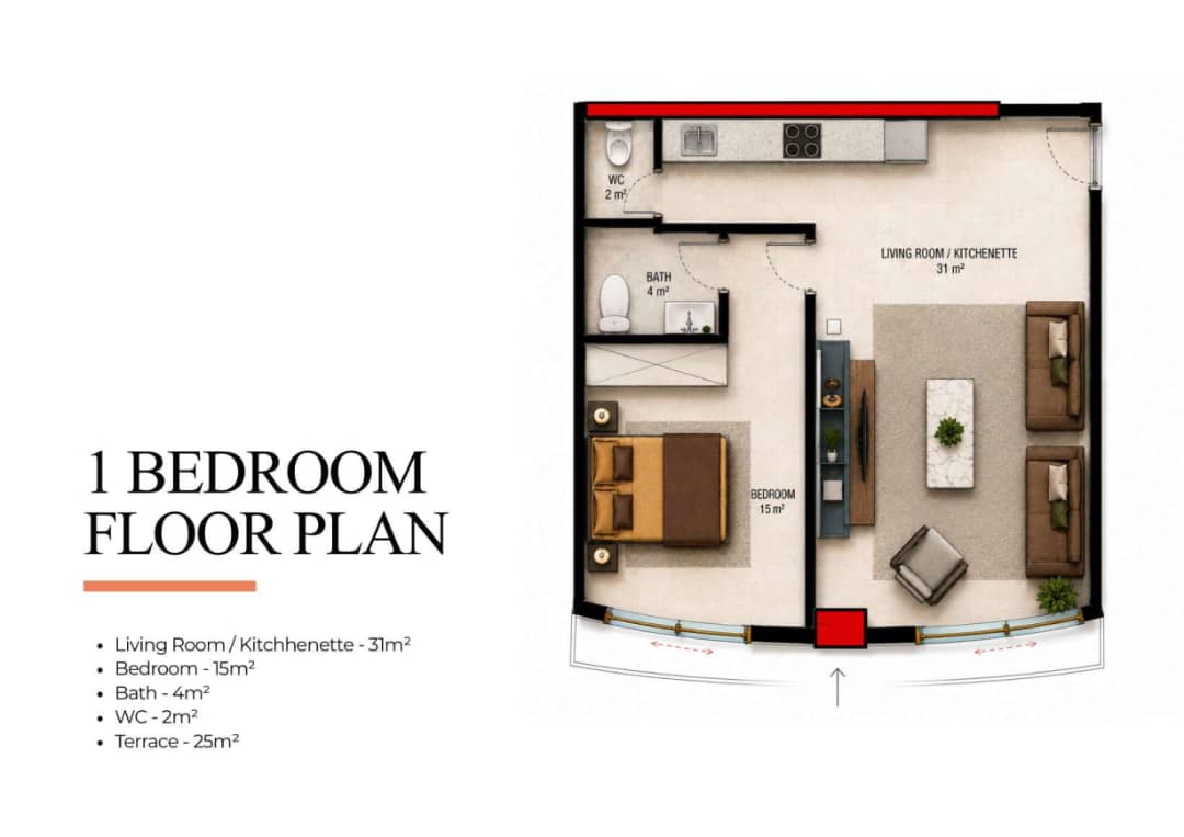 One bedroom floor plan, The Twist.