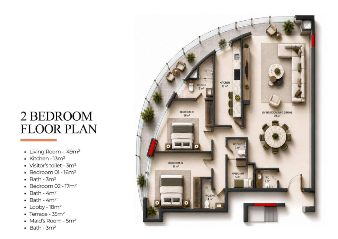 Two bedroom floor plan, The Twist.