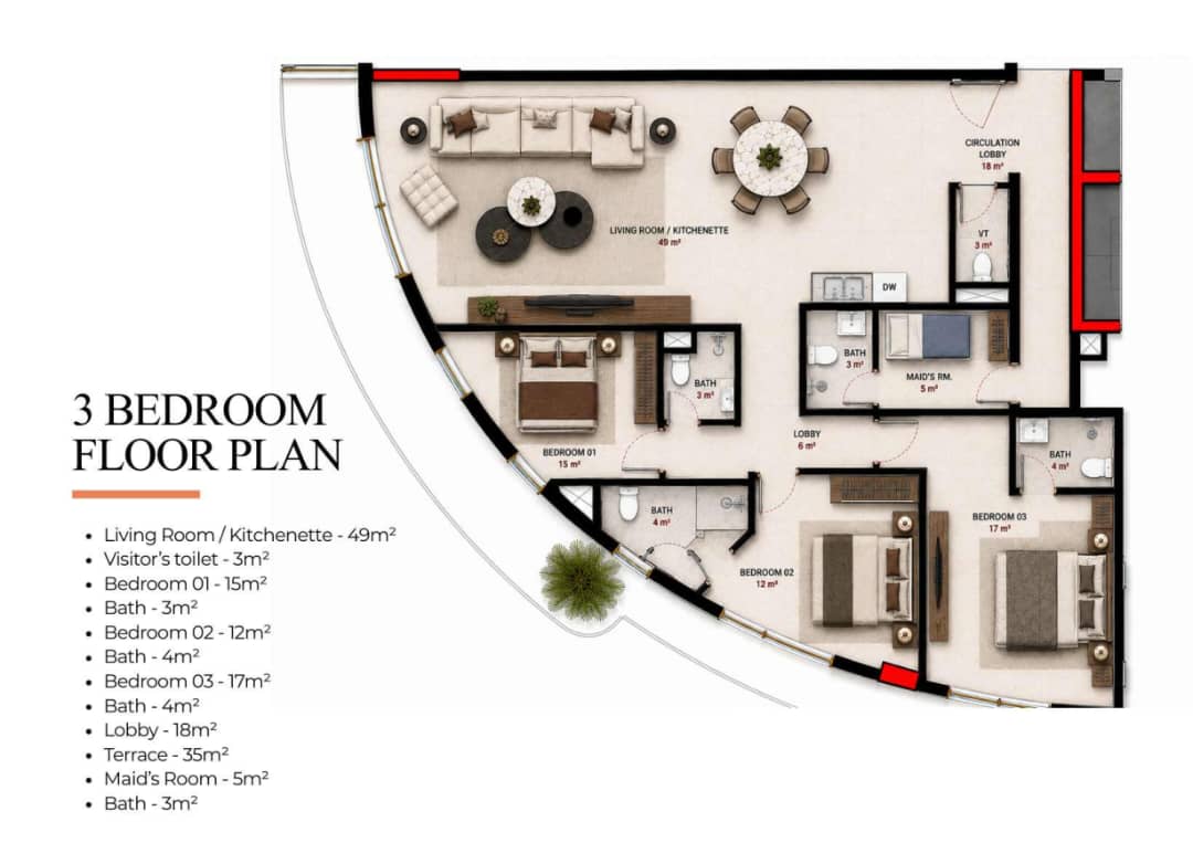 Three bedroom floor plan, The Twist.