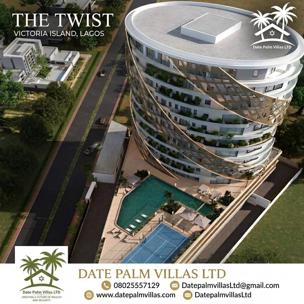The Twist from above, showing the tower, the pool deck and the padel court.