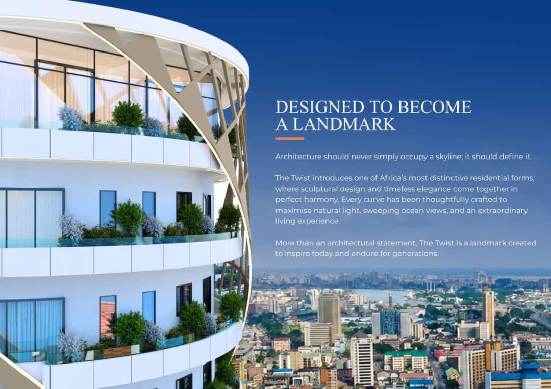 The Twist — the spiralling facade and planted balconies above the Lagos skyline.