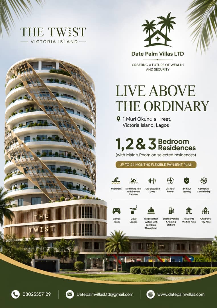 The Twist, Victoria Island — Live Above The Ordinary. 1, 2 and 3 bedroom residences with up to 24 months flexible payment plan.
